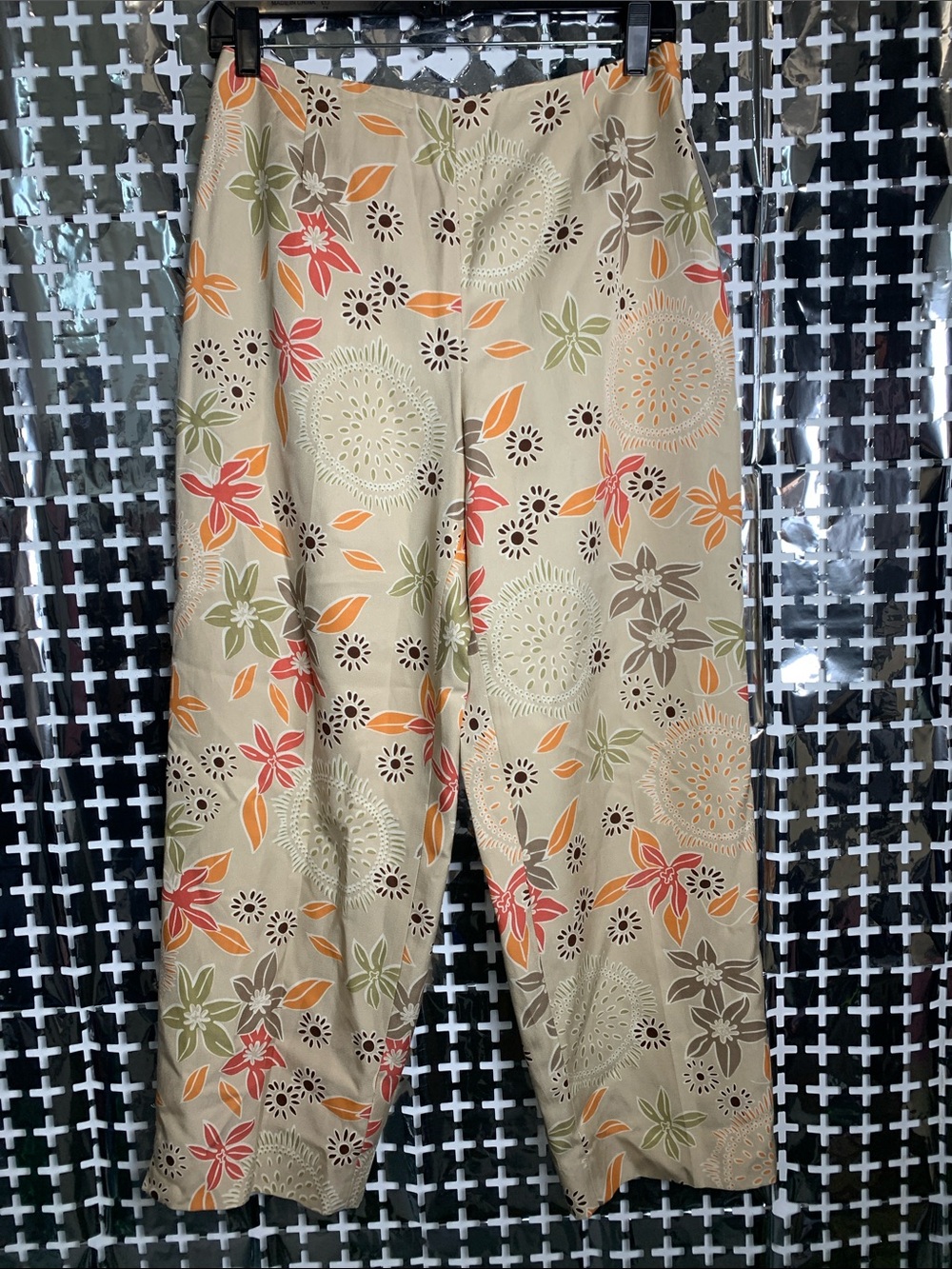 Pursuits Ltd. Floral Straight Leg Pants in Beige with Coral & Olive Accents